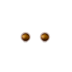 Round women's earrings in rose gold with tiger's eye gemstone and a sparkling zirconia border, elegant and timeless in design.