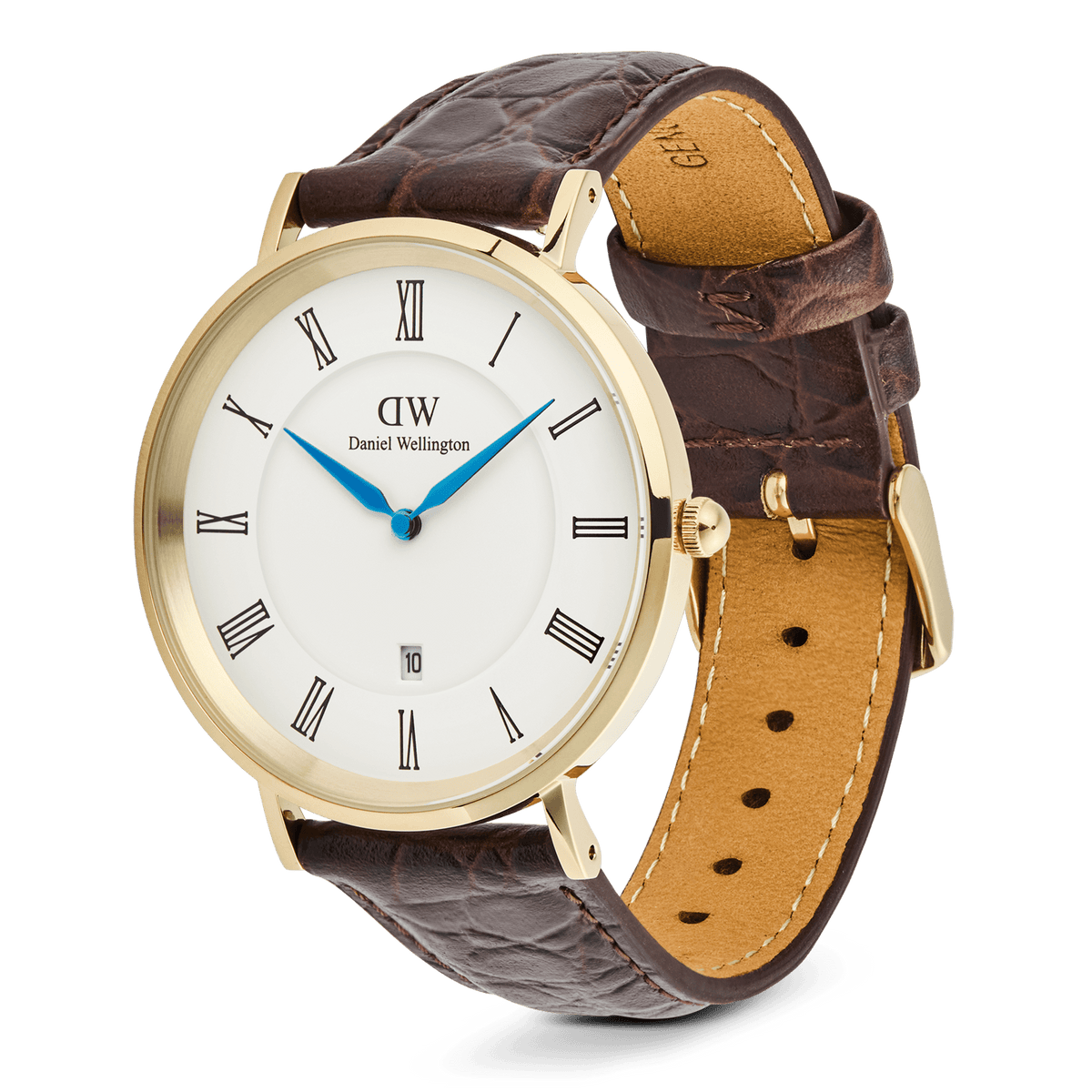 Vista laterale dell'orologio con fibbia ad ardiglione dorata, cinturino imbottito in pelle *Croc Belly* marrone scuro e fodera color caramello. Sono visibili anche i connettori a molla dorati.