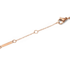 Adjustable clasp of the Audrey necklace in rose gold with a fine link chain and engraved brand tag.