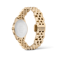 Rear view of the Ophelia Mini Gold ladies' watch by Daniel Wellington with a polished stainless steel case, engraved case back, and open gold-coloured 5-link bracelet.