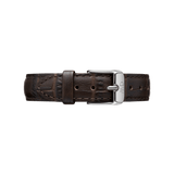 High-quality York leather strap in dark brown with crocodile embossing and silver pin buckle, ideal as an elegant replacement strap for watches.