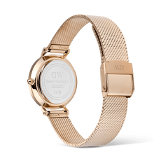 Rear view of the Petite Reflection Rose Gold women's watch with an engraved case back and an adjustable mesh strap made of rose gold-coloured stainless steel.