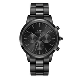 Elegant chronograph with black stainless steel strap, black dial, three sub-dials and minimalist indices.