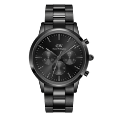 Elegant chronograph with black stainless steel strap, black dial, three sub-dials and minimalist indices.