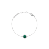 Delicate silver bracelet with a round green malachite stone in the centre, surrounded by white cubic zirconia crystals and featuring a classic lobster clasp.