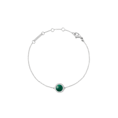 Delicate silver bracelet with a round green malachite stone in the centre, surrounded by white cubic zirconia crystals and featuring a classic lobster clasp.