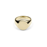 Elegant gold signet ring with a shiny, flat surface and a classic, minimalist design.