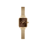 Elegant women's watch with a rectangular gold-coloured case, brown sunray dial, and fine stainless steel mesh strap.