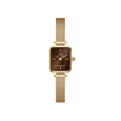 Elegant women's watch with a rectangular gold-coloured case, brown sunray dial, and fine stainless steel mesh strap.