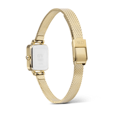 Rear view of the Quadro Mini Reflection Gold ladies' watch with rectangular stainless steel case, gold-coloured mesh strap, and classic folding clasp.
