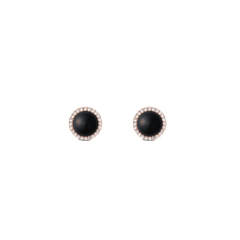 Pendientes de botón con ágata negra natural y circonitas blancas en oro rosa, diseño abombado de 8 mm con acabado chapado PVD