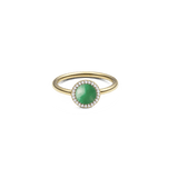 Elegant gold ring with a round green jade stone in the centre, surrounded by a delicate row of white zirconia crystals.
