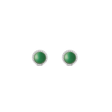 Two round silver earrings with green jade stones and a fine zirconia crystal border, designed in a minimalist and elegant style.