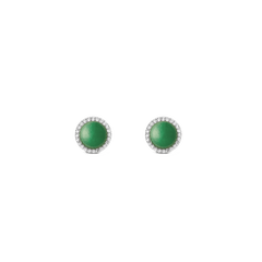 Two round silver earrings with green jade stones and a fine zirconia crystal border, designed in a minimalist and elegant style.