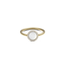 Delicate gold-coloured women's ring with a round mother-of-pearl and a continuous row of sparkling white crystals.