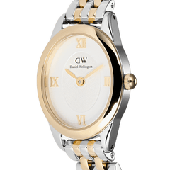 Close-up view of the Ophelia Mini Two Tone Gold ladies' watch with an oval case, white dial, gold-coloured Roman numerals, and an elegant two-tone link bracelet.