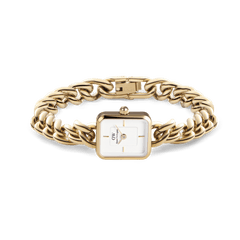 Gold women's watch Jolie Chain Gold with a rectangular white dial and solid stainless steel chain bracelet, presented open with the fold-over clasp visible.