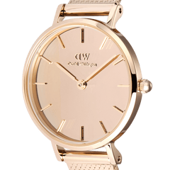 Close-up view of the Petite Reflection Rose Gold women's watch with a mirrored dial, slim case, and minimalist rose gold indices.