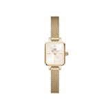 Rectangular ladies' watch with gold-coloured mesh strap and champagne sunray dial, minimalist design and delicate case.