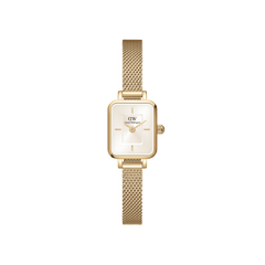 Rectangular ladies' watch with gold-coloured mesh strap and champagne sunray dial, minimalist design and delicate case.