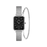 Orologio dal design rettangolare con quadrante in madreperla nera impreziosito da dodici cristalli al posto degli indici. Completo di bracciale tennis a fila continua di cristalli, entrambi realizzati in acciaio inossidabile con finitura argento lucido.