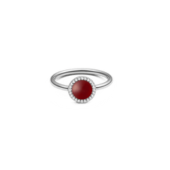 Silver ladies' ring with a round red agate as the centre stone, surrounded by a delicate row of white zirconia crystals on a simple, polished band.
