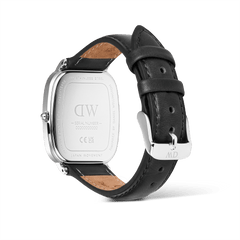 Rear view of the Marlon Sheffield Linen Silver watch with an engraved stainless steel case back and black leather strap with a silver pin buckle.