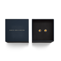 Audrey stud earrings with tiger's eye and a zirconia border in an elegant, dark blue Daniel Wellington gift box.