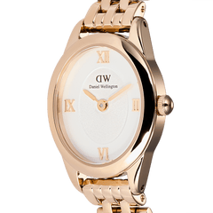 Close-up view of the Ophelia Mini ladies' watch in rose gold with an oval case, white dial, Roman numerals, and polished stainless steel bracelet.