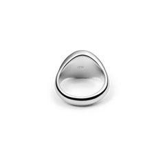 The Classic Signet Ring Silver made of polished stainless steel is shown from below, revealing the subtle engraving on the inside of the ring.