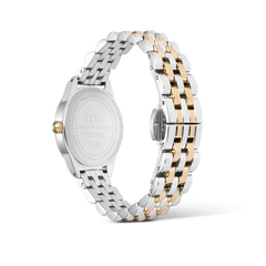 Rear view of the Ophelia Mini Two Tone Gold ladies' watch with polished stainless steel case, gold-coloured crown, and two-tone 5-link bracelet with butterfly folding clasp.