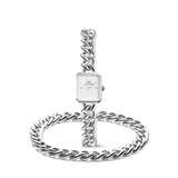 Silver jewellery set consisting of a square watch with a white dial and a solid link chain, as well as a matching bracelet made of polished stainless steel.
