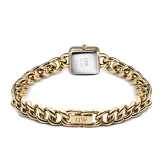 Rear view of the gold women's watch Jolie Chain Gold with a solid chain bracelet, visible DW logo on the clasp and case back.