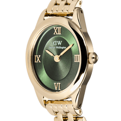 Close-up view of the Daniel Wellington Ophelia Mini Emerald Gold with an oval, gold-coloured case and emerald green dial with gold Roman numerals.