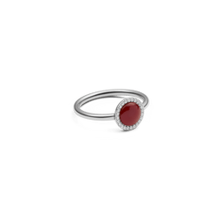 Audrey ring in silver with a round red agate as the centre stone, set with sparkling white zirconia crystals on a slim band.