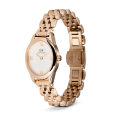 Ophelia Mini ladies' watch in rose gold with an oval case, white dial, Roman numerals, and an open 5-link stainless steel bracelet with butterfly folding clasp.