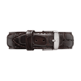 York leather strap in dark brown with glossy crocodile embossing and silver pin buckle, suitable for elegant watches.