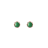 Round women's earrings in rose gold with green jade gemstone and encircling white zirconia crystals, elegantly and delicately designed.