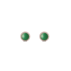 Round women's earrings in rose gold with green jade gemstone and encircling white zirconia crystals, elegantly and delicately designed.