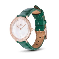 Ladies' watch with green leather strap, rose gold case, shimmering mother-of-pearl dial and sparkling zirconia-set bezel, shown from the side.