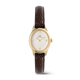 Orologio da donna Ophelia Mini con cassa ovale dorata, quadrante bianco guilloché impreziosito da numeri romani e cinturino in pelle marrone scuro con texture effetto coccodrillo, su sfondo bianco.