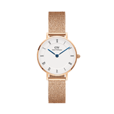 Elegant women's watch in rose gold with a white dial, Roman numerals, blue hands and a fine mesh strap.