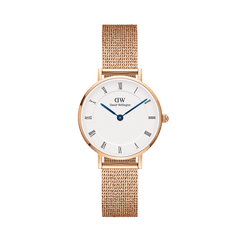 Elegant women's watch in rose gold with a white dial, Roman numerals, blue hands and a fine mesh strap.