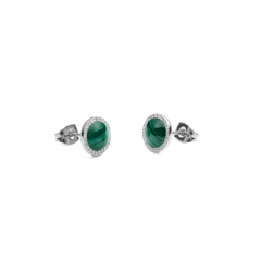 Audrey stud earrings in silver with a round green malachite stone and a delicate zirconia halo, shown from a side perspective.