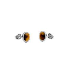 Audrey stud earrings in silver with an oval tiger's eye stone and a delicate zirconia crystal border, designed in a minimalist and elegant style.