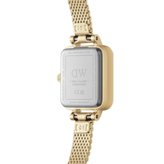 Back view of the Quadro Mini Evergold Champagne ladies' watch with engraved stainless steel case back and gold-coloured mesh strap.