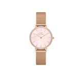 Elegant ladies' watch in rose gold with a delicate mesh strap, round case, pink mother-of-pearl dial, and a sparkling bezel set with individually mounted stones.