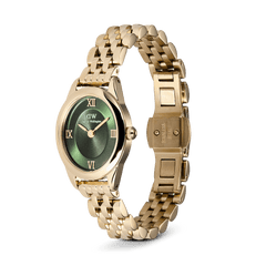 The Daniel Wellington Ophelia Mini Emerald Gold features an oval, gold-coloured stainless steel case, an emerald green dial, and an open 5-link bracelet with a butterfly clasp.