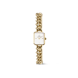 Elegant women's watch with a rectangular white dial and a striking gold-coloured stainless steel chain bracelet.