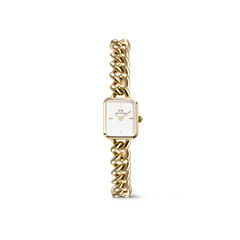 Elegant women's watch with a rectangular white dial and a striking gold-coloured stainless steel chain bracelet.